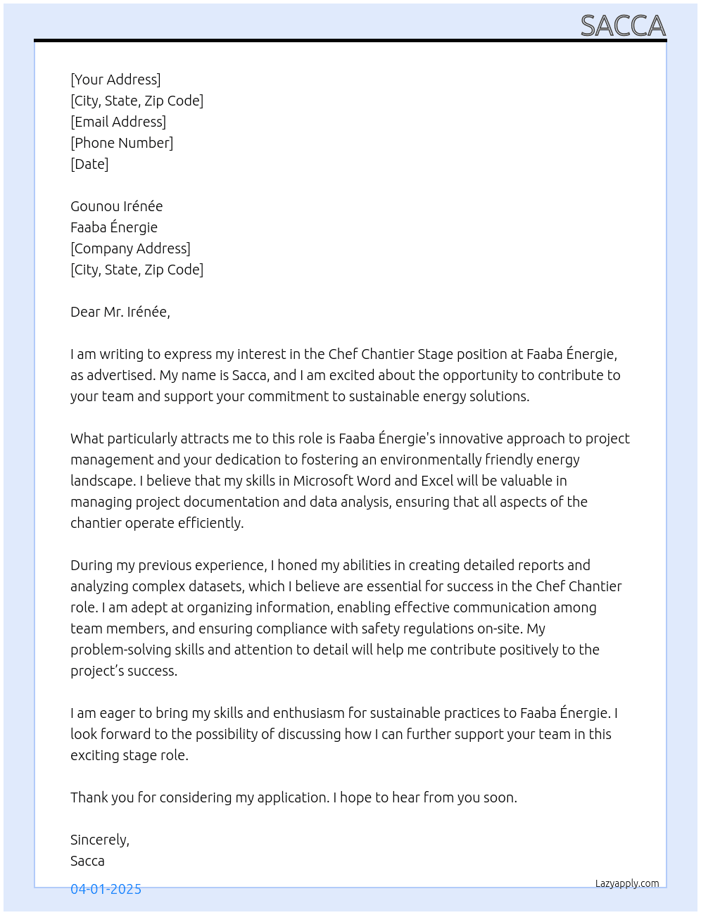 Cover letter for chef chantier - LazyApply