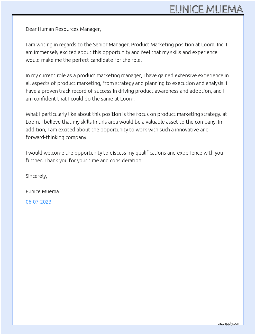 Senior Manager, Product Marketing at Loom, Inc. (Vi At loom Cover Letter