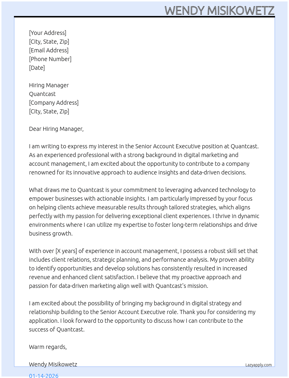 Senior Account Executive At Quantcast Cover Letter