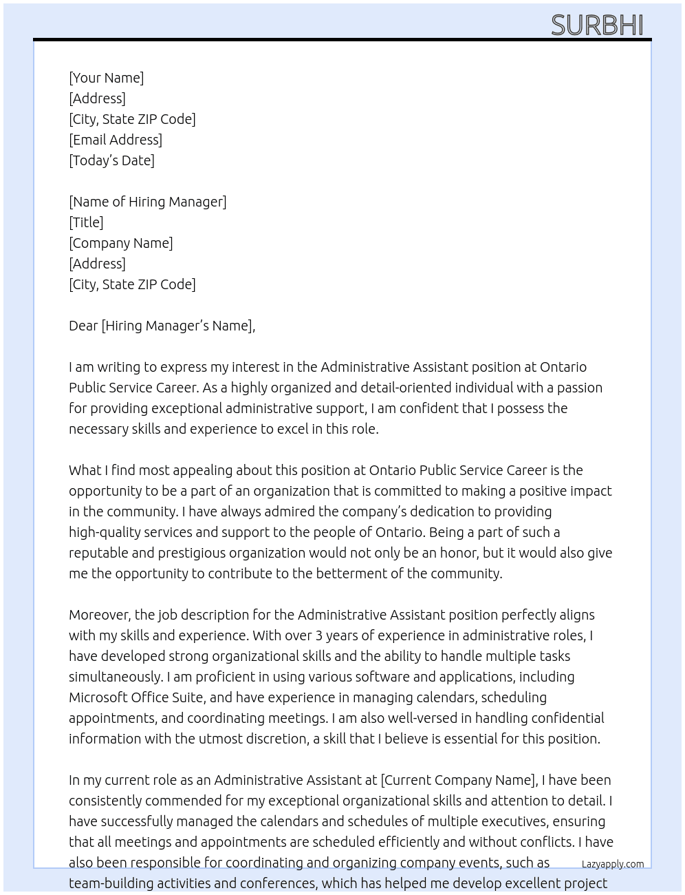 Administrative assisstant At Ontario Public service career Cover Letter