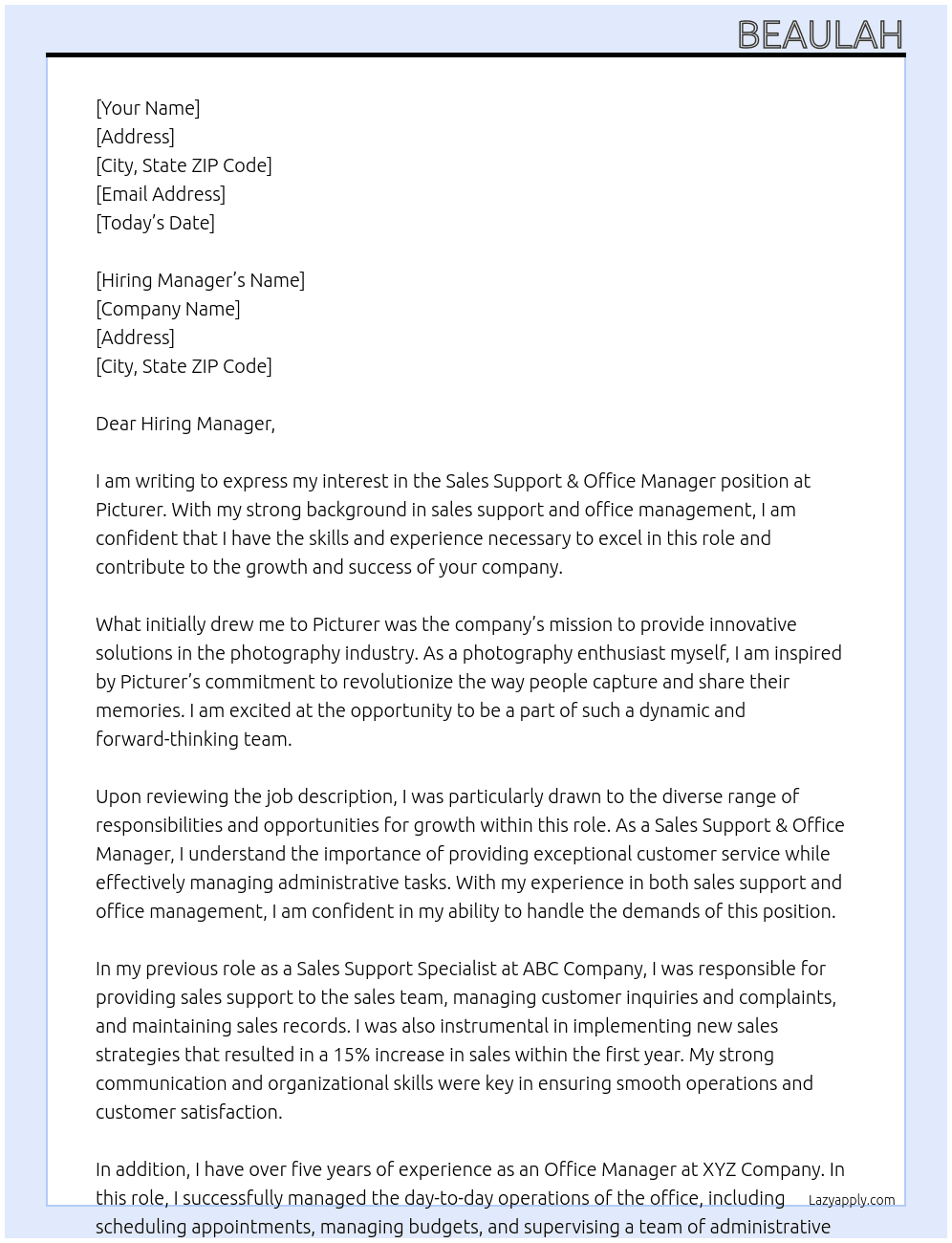 Sales Support & Office Manager At Picturer Cover Letter