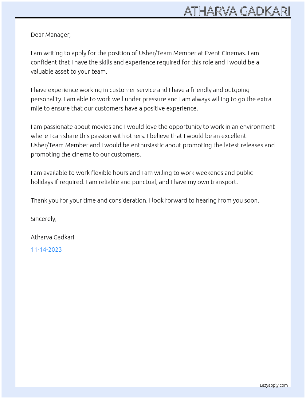 Usher/Team Member At Event Cinemas Cover Letter