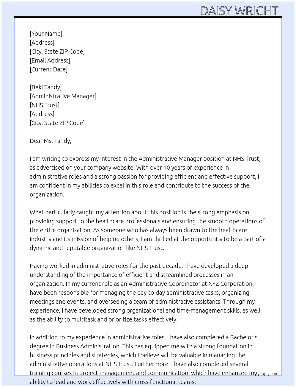 Administrative Manager  At NHS Trust  Cover Letter
