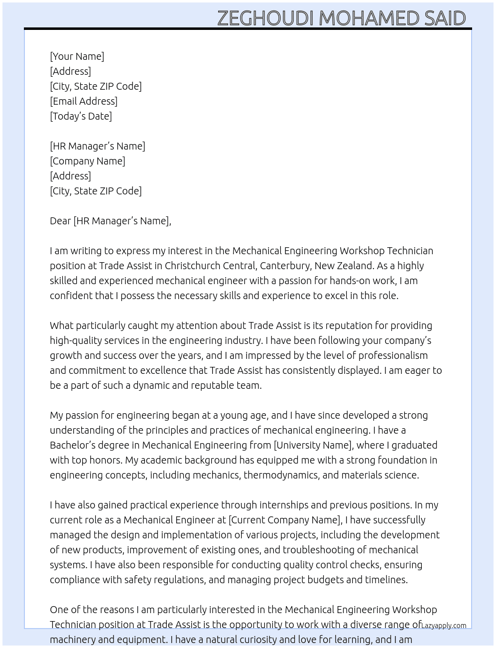 Mechanical Engineering Workshop Technician At Trade Assist Cover Letter