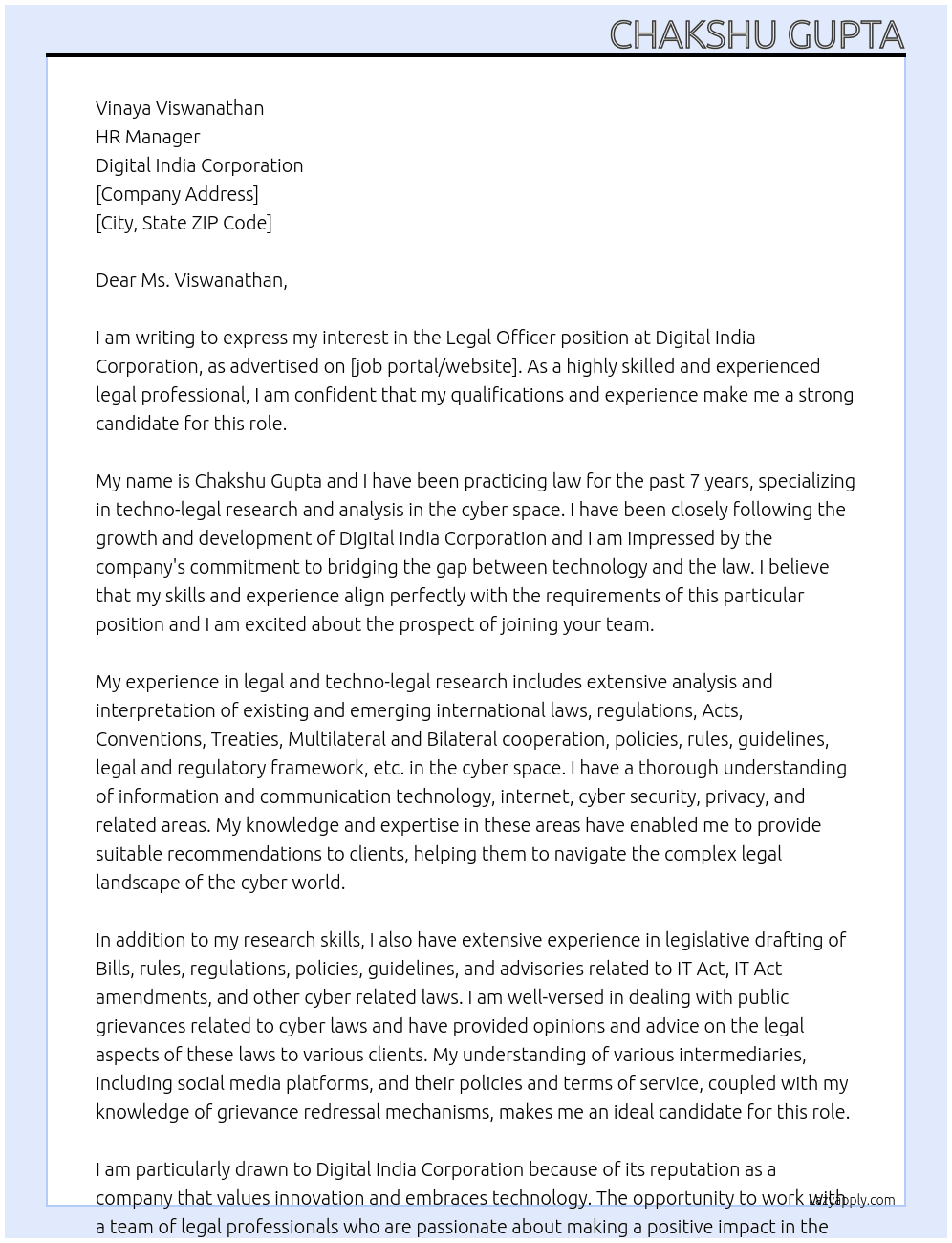 legal officer At Digital India Corporation Cover Letter