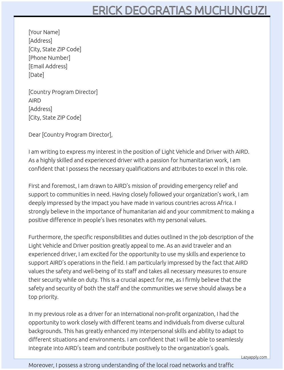 Cover letter for light vehicle and driver - LazyApply