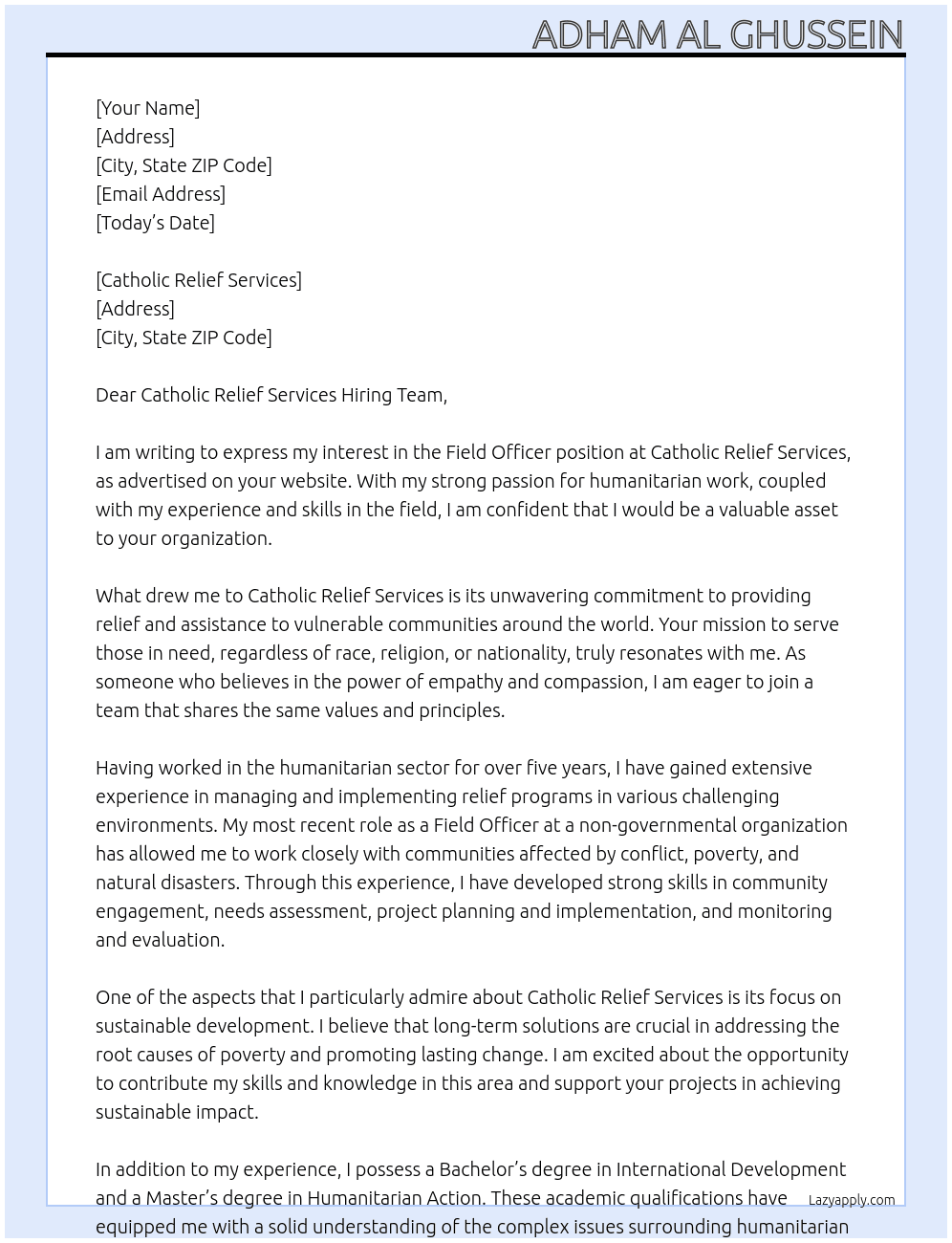 Field Officer At Catholic Relief Services Cover Letter