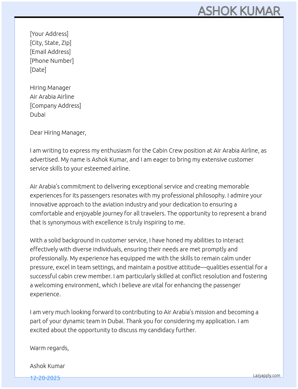Cabin crew  At Air Arabia Airline  Cover Letter