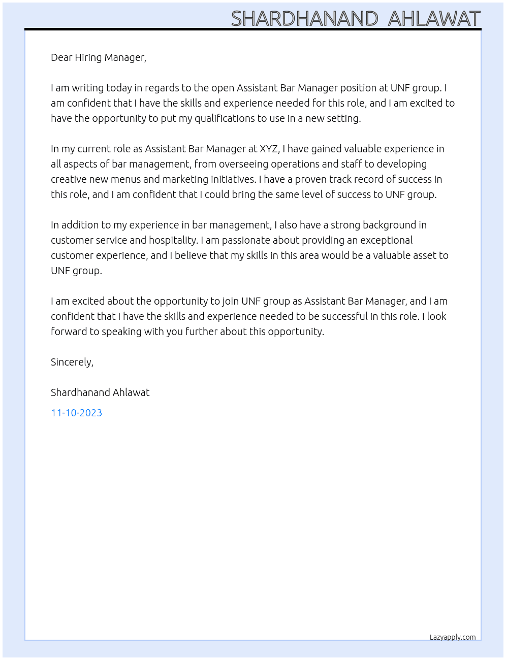 Assistant Bar Mnager At UNF group Cover Letter