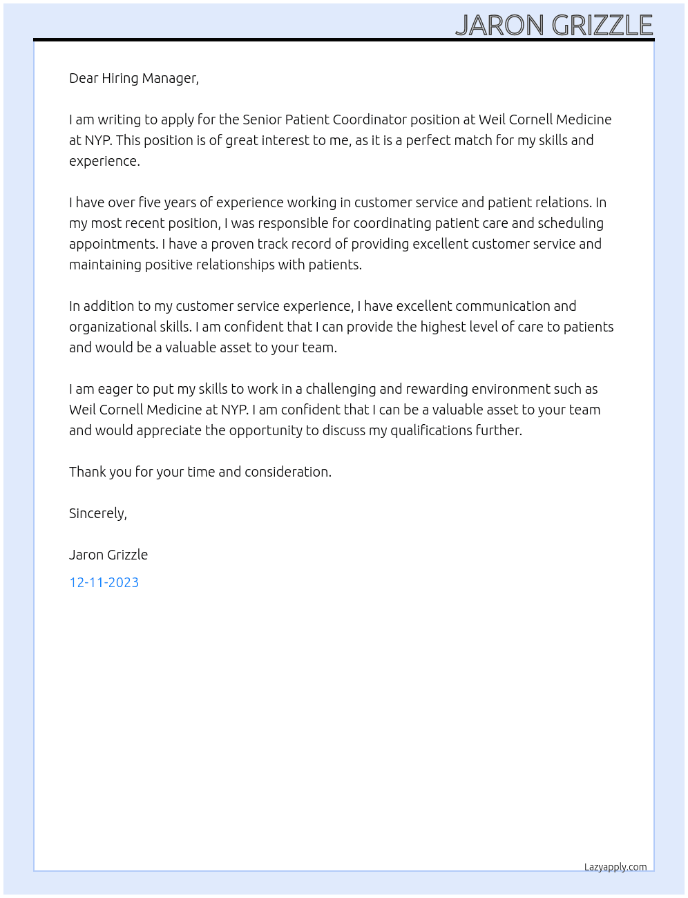 Senior Patient Coordinator At Weil Cornell Medicine at NYP Cover Letter