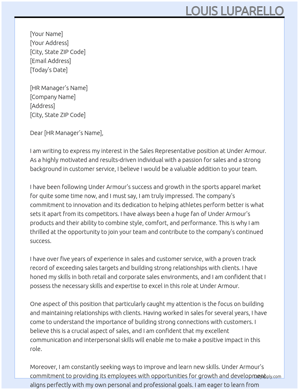 Sales representative At Under Armour Cover Letter