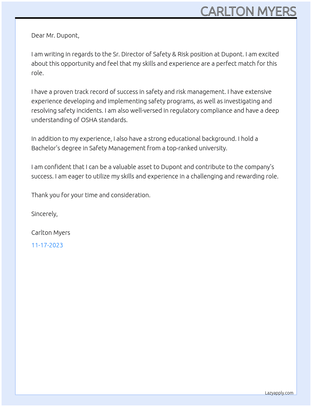 Sr. Director of Safety & Risk At Dupont Cover Letter