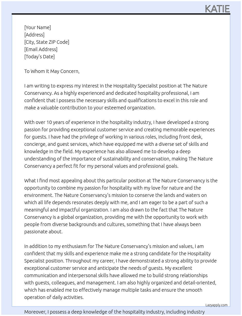 Hospitality Specialist At The Nature Conservancy Cover Letter