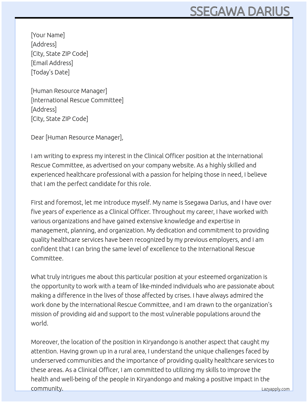 CLINICAL OFFICER At INTERNATIONALRESCUE COMMITTE Cover Letter