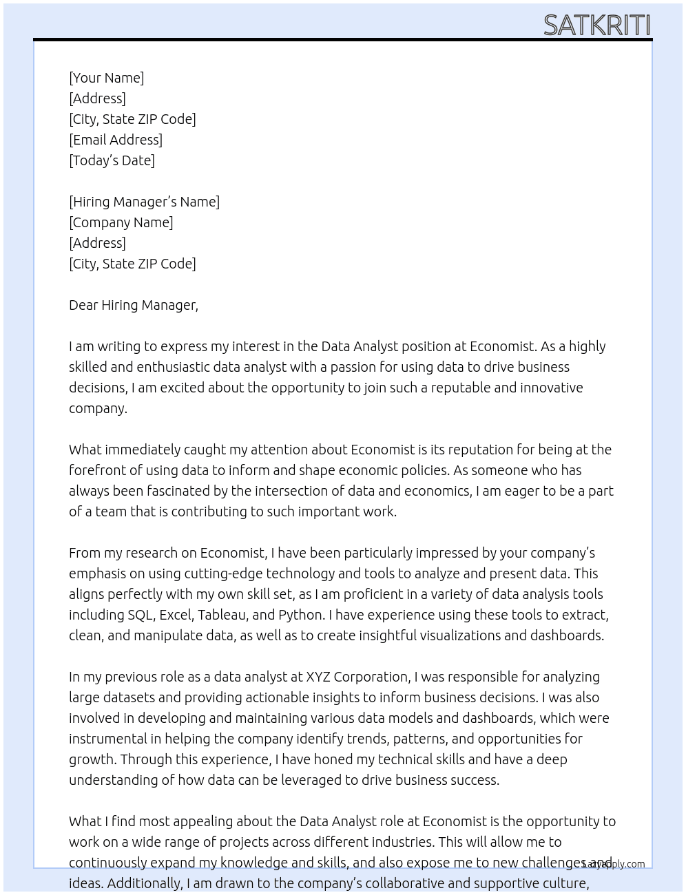 Data Analyst At Economist Cover Letter