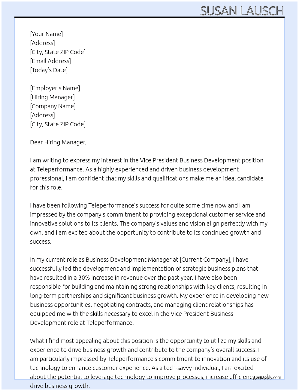 Vice President Business Development At Teleperformance Cover Letter