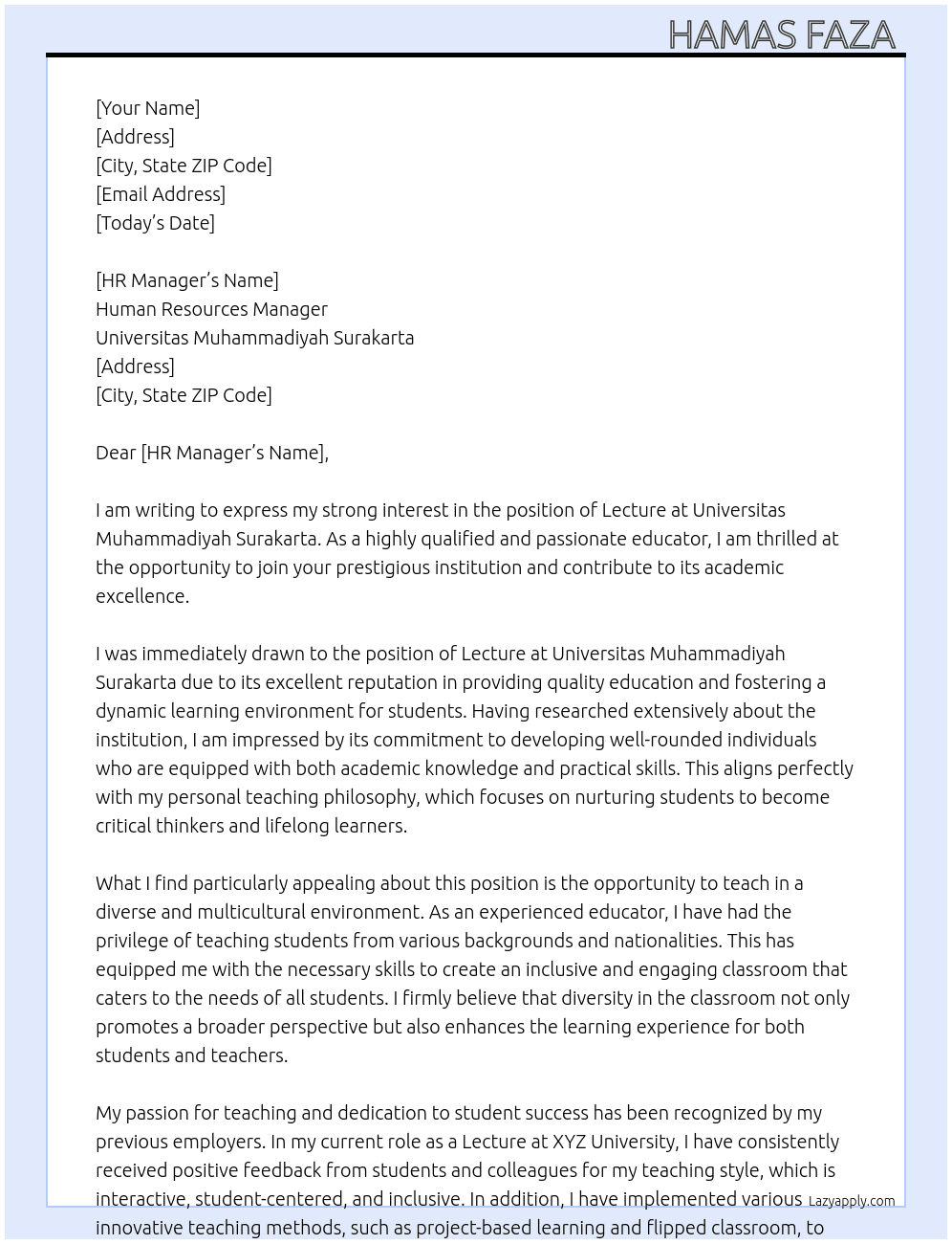Lecture At Universitas Muhammadiyah Surakarta  Cover Letter