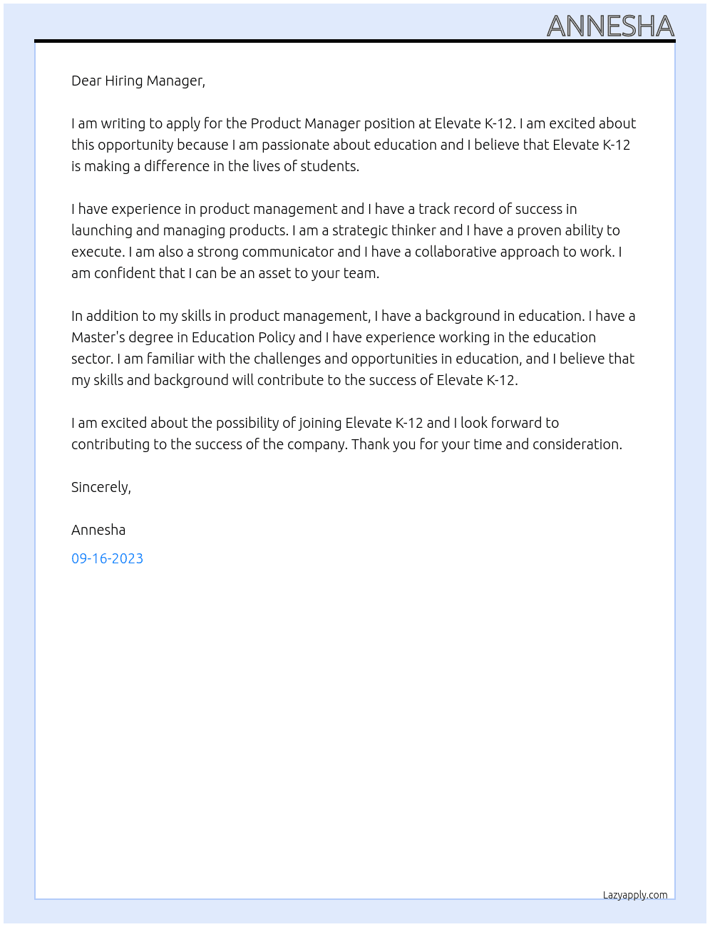 Product Manager At Elevate K-12 Cover Letter
