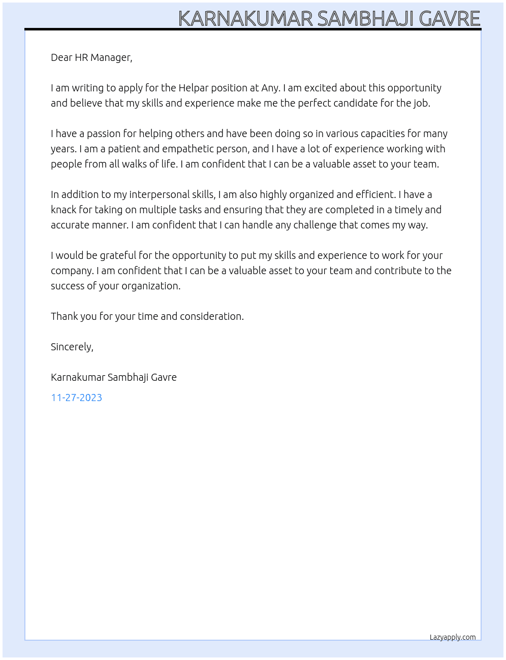 Helpar  At Any  Cover Letter