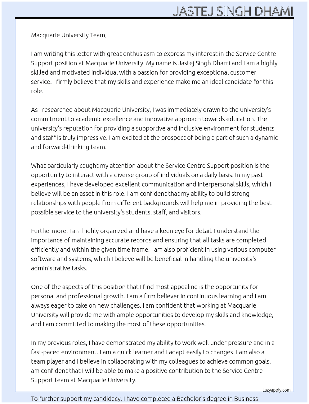 Service Centre Support At Macquarie University Cover Letter