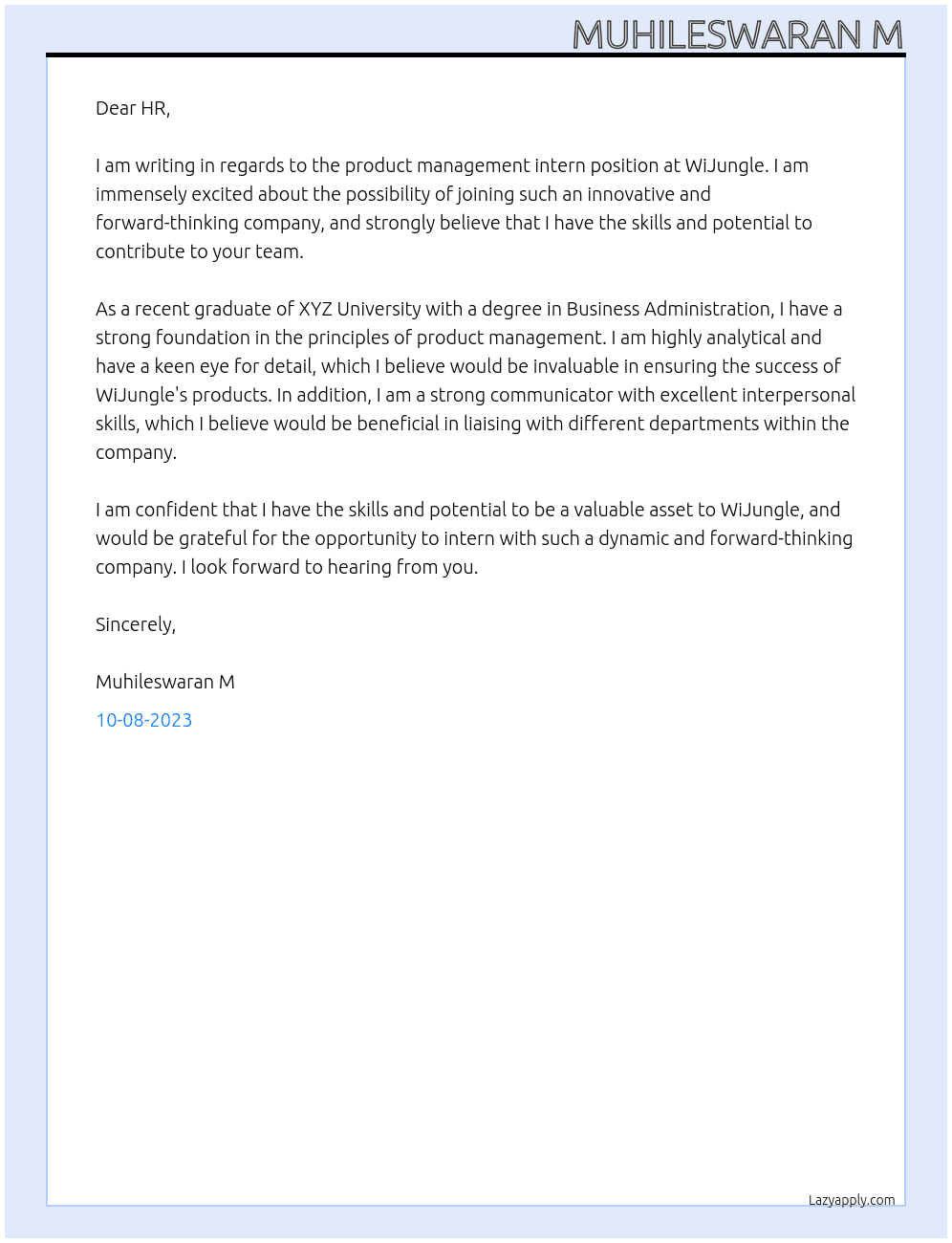 product management intern At WiJungle Cover Letter