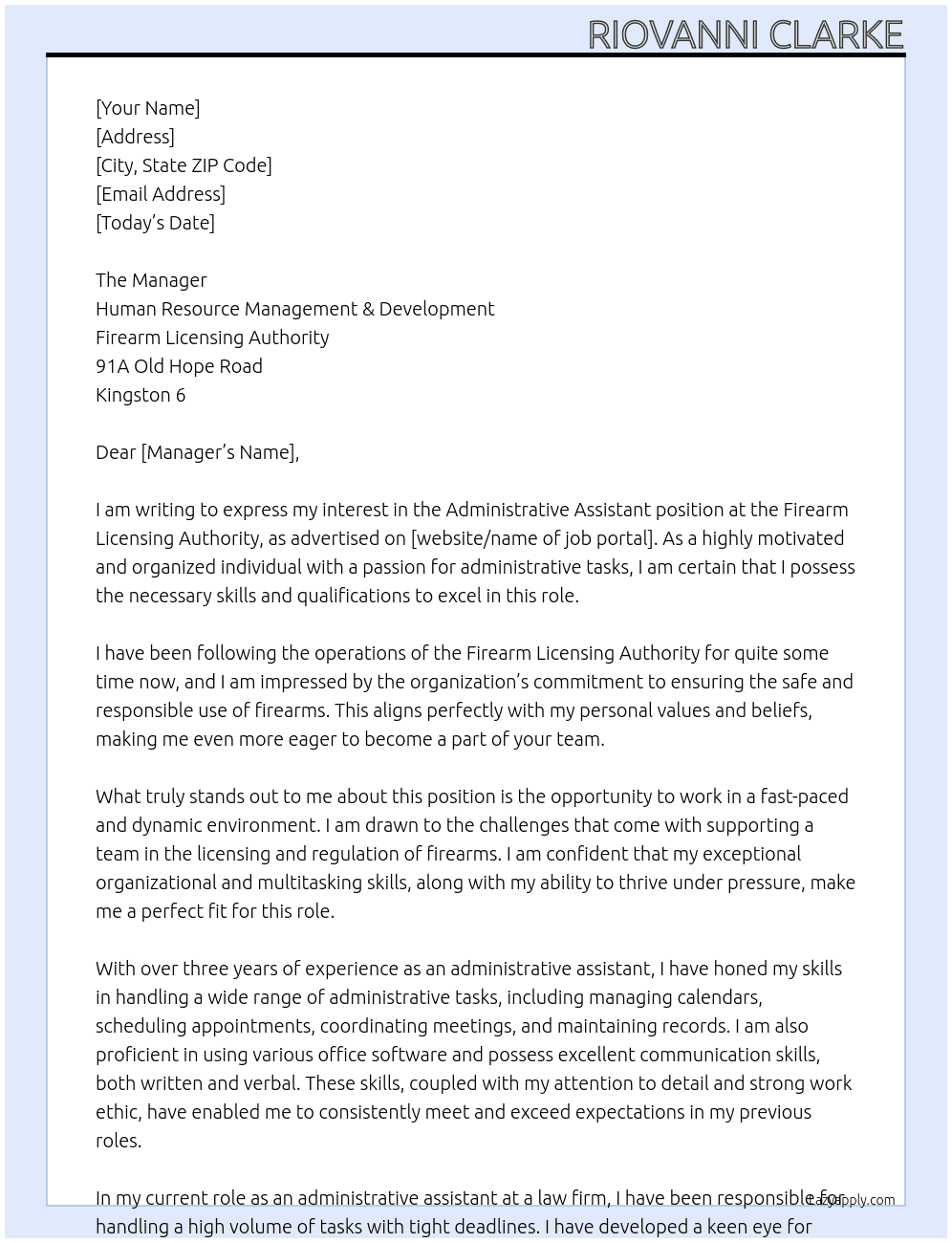 Administrative Assistant At Firearm Licensing Authority Cover Letter