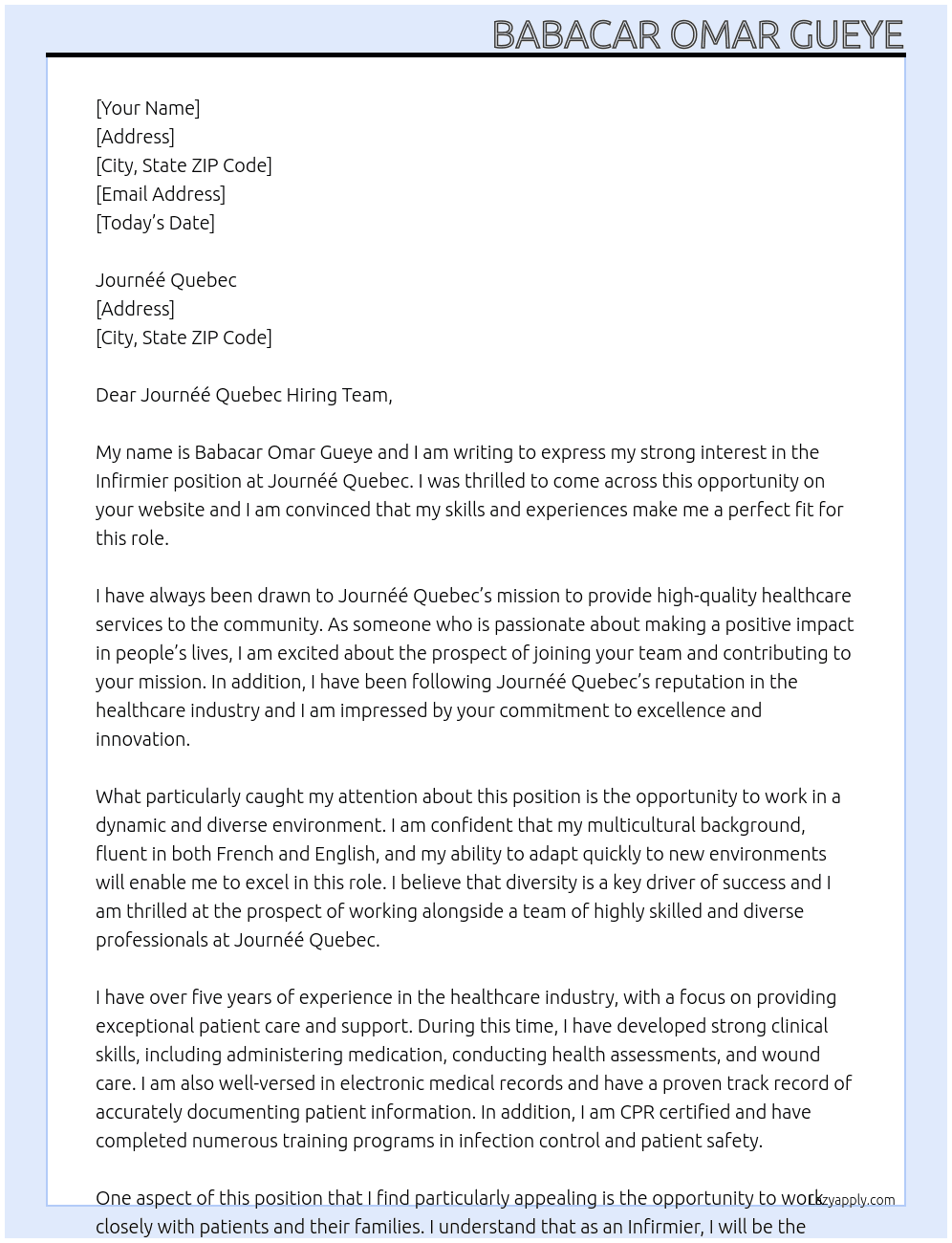 infirmier  At Journéé Quebec Cover Letter