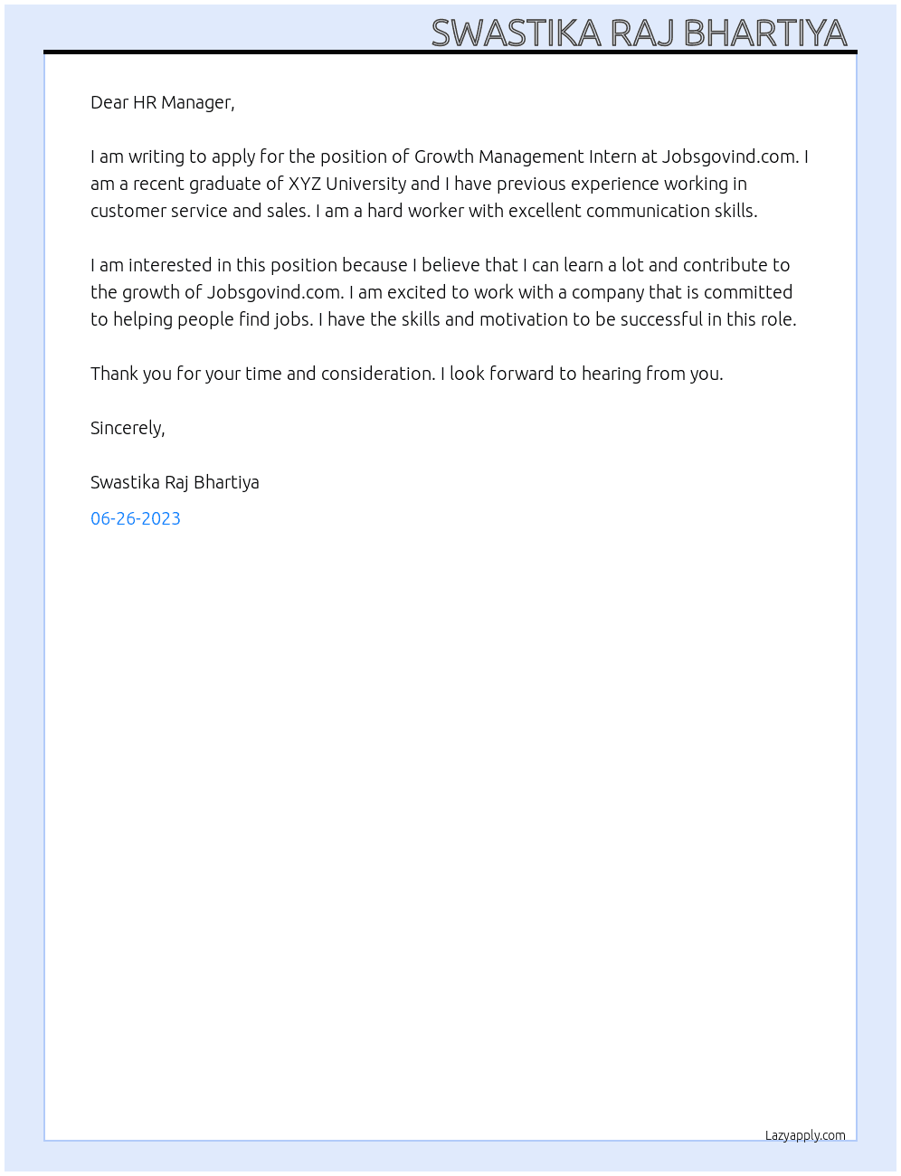 Growth Management Intern  At https://www.jobsgovind.com Cover Letter