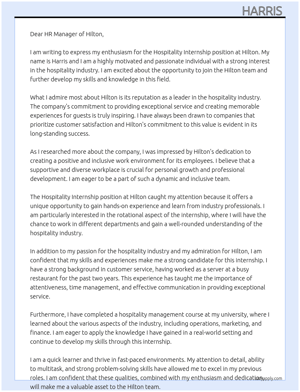 Hospitality Internship  At Hilton Cover Letter