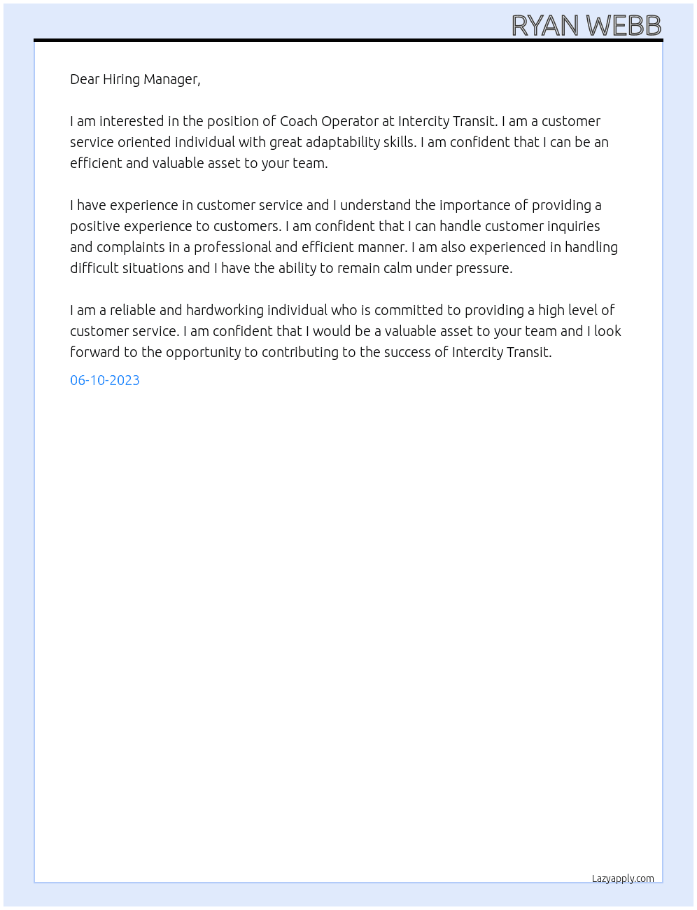 Coach Operator At Intercity Transit Cover Letter