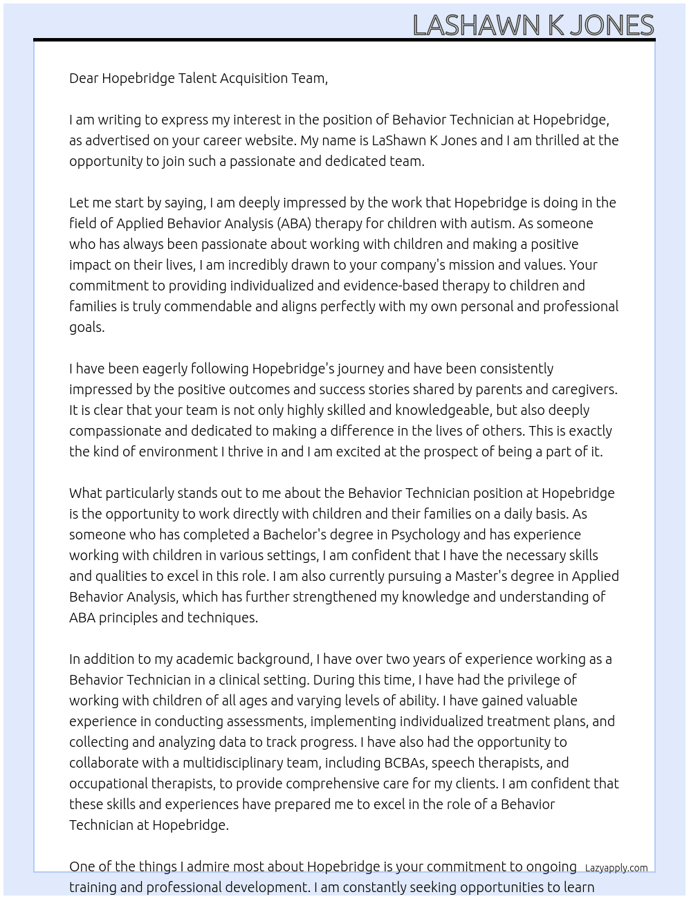 Behavior Technician At Hopebridge Cover Letter