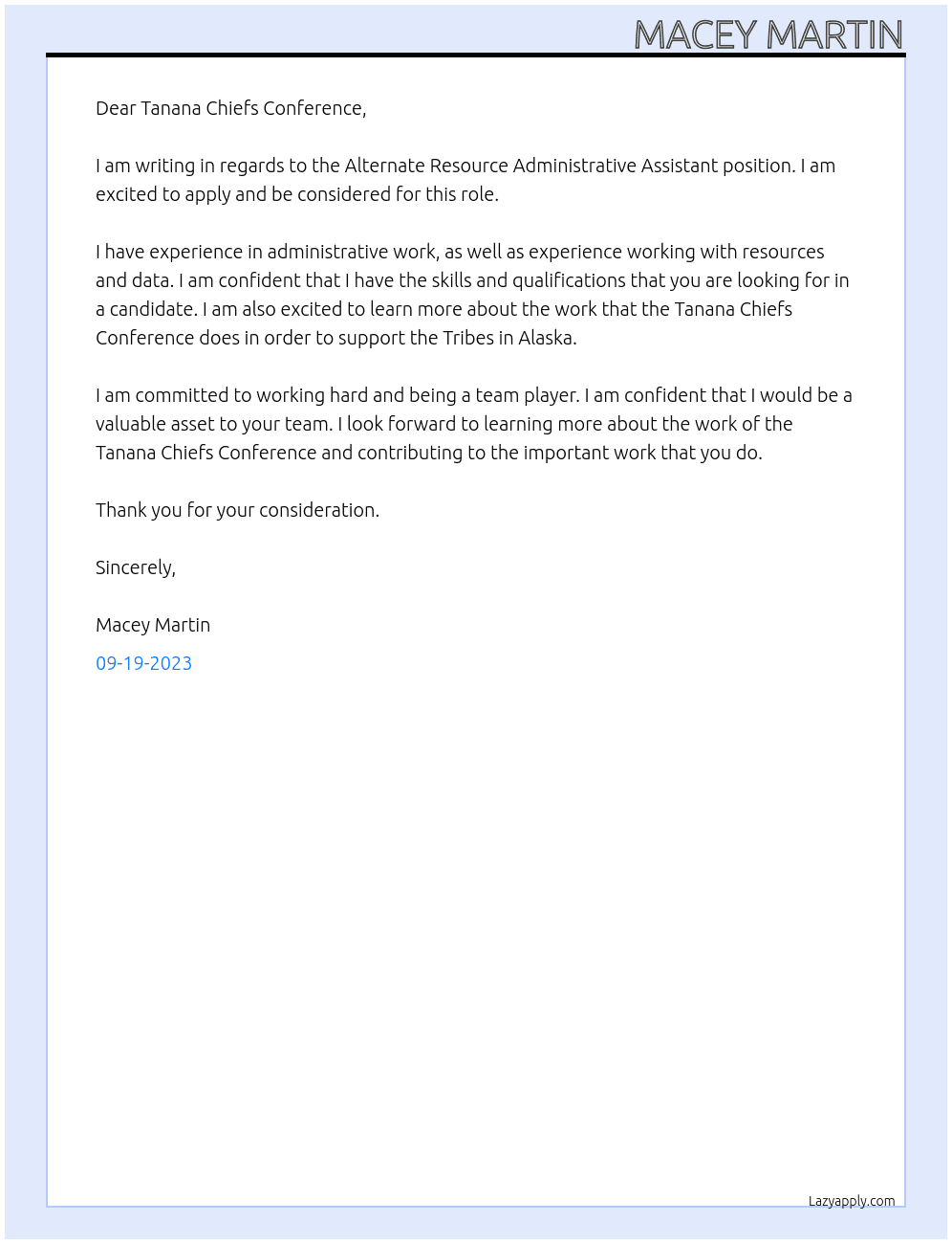 Alternate Resource Administrative Assistant At Tanana Chiefs Conference Cover Letter