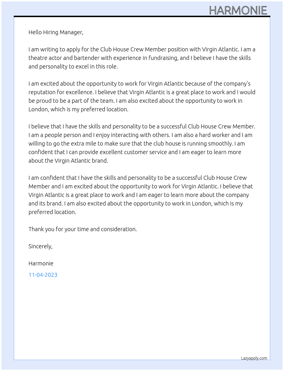 Club house crew member   At Virgin atlantic Cover Letter