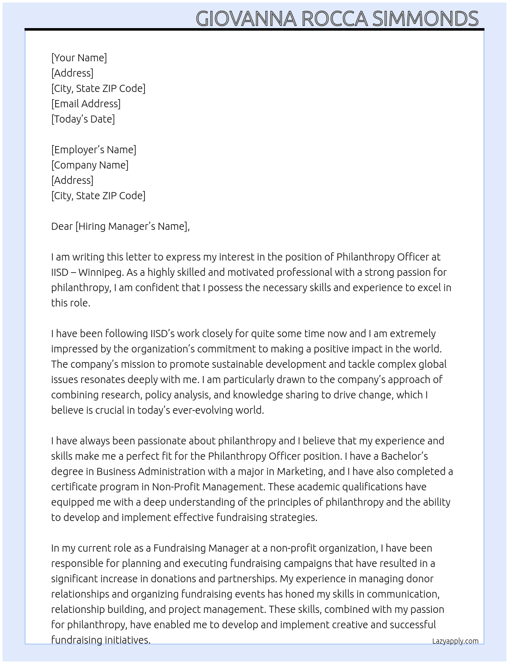  Philanthropy Officer  At IISD - Winnipeg  Cover Letter
