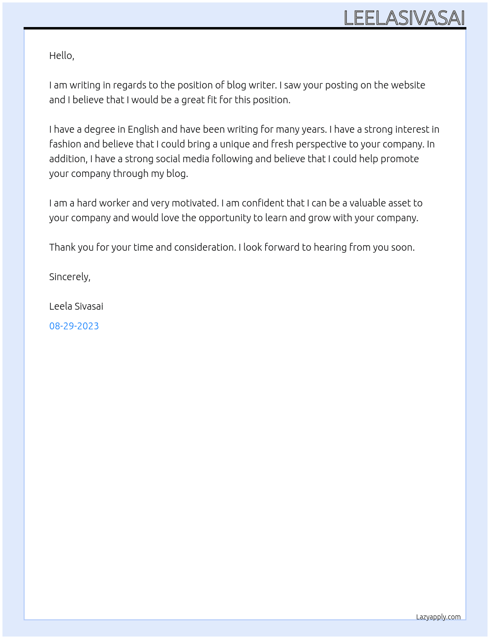 blog writer At random Cover Letter