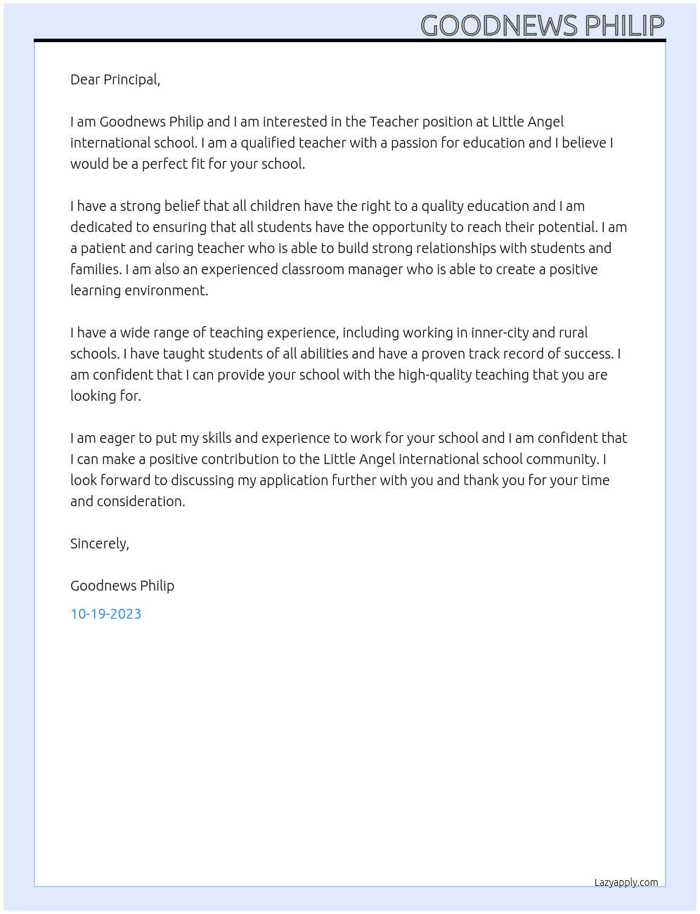Teacher  At Little Angel international school  Cover Letter