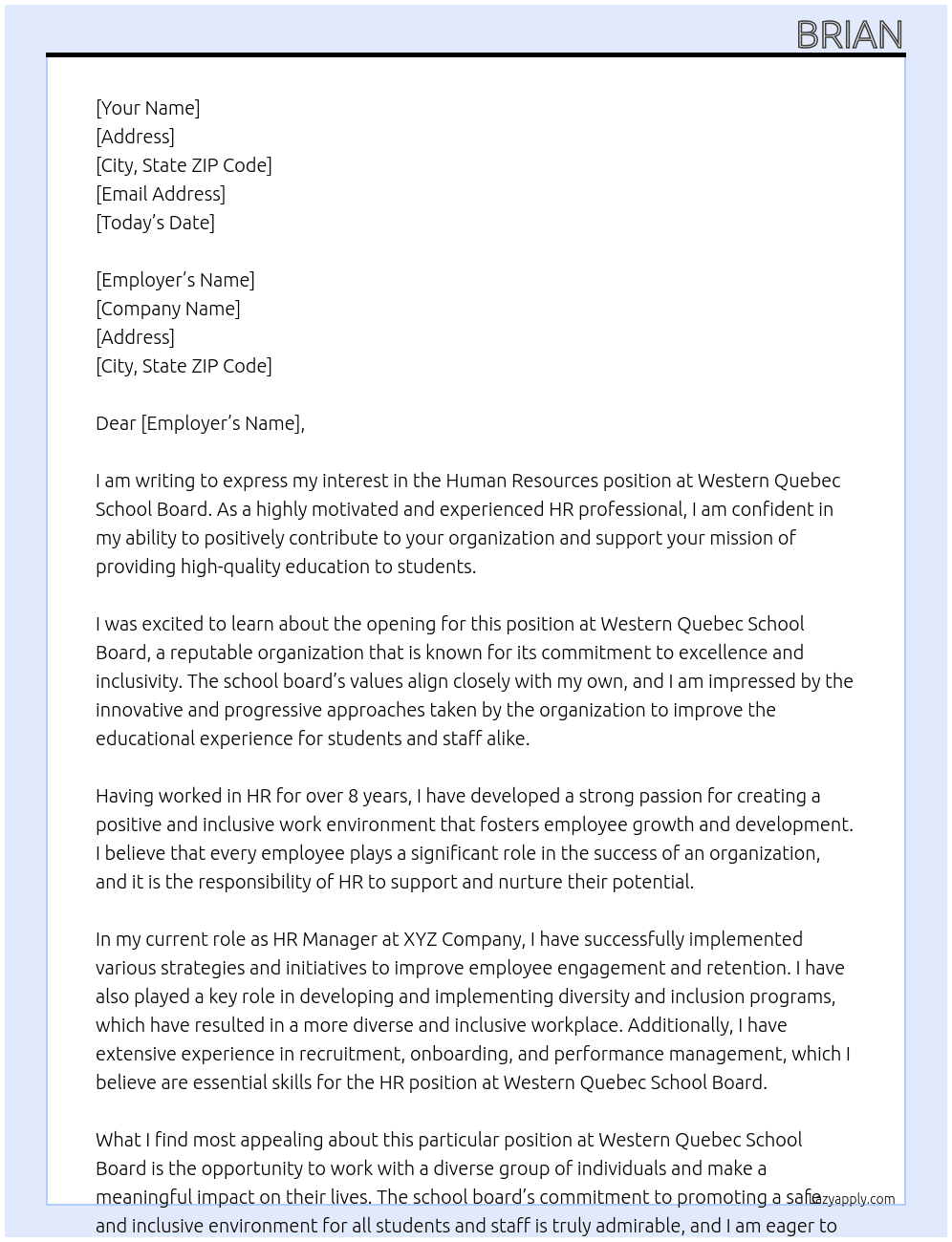 Human Resources  At Western quebec school board Cover Letter