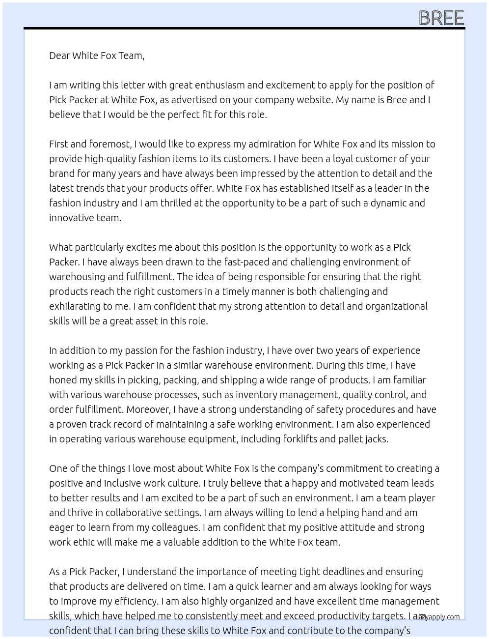 Pick Packer  At White fox  Cover Letter
