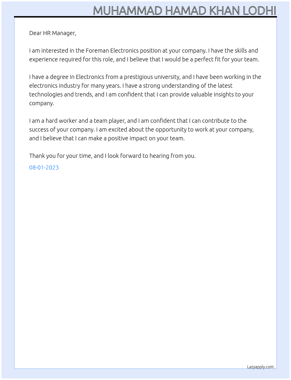 Foreman Electronics At manufacturing Cover Letter