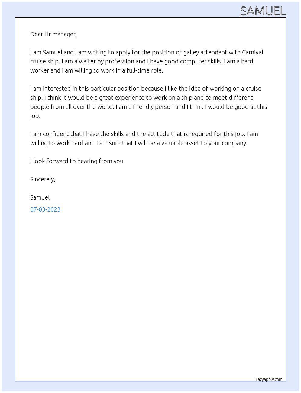 Galley attendant At Carnival cruise ship  Cover Letter