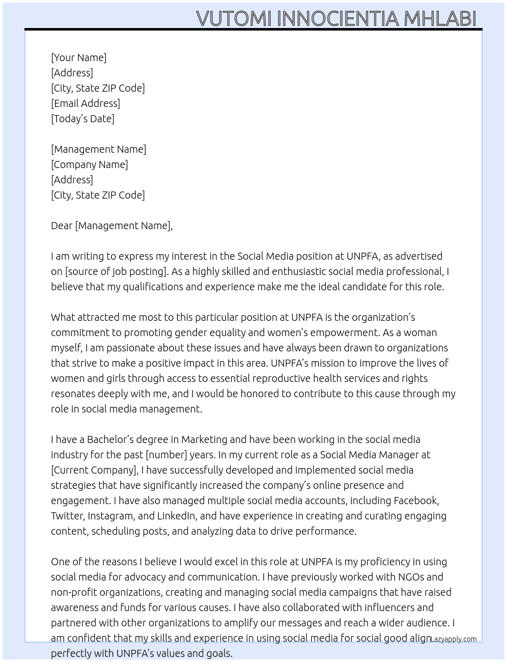 Social media At UNPFA Cover Letter