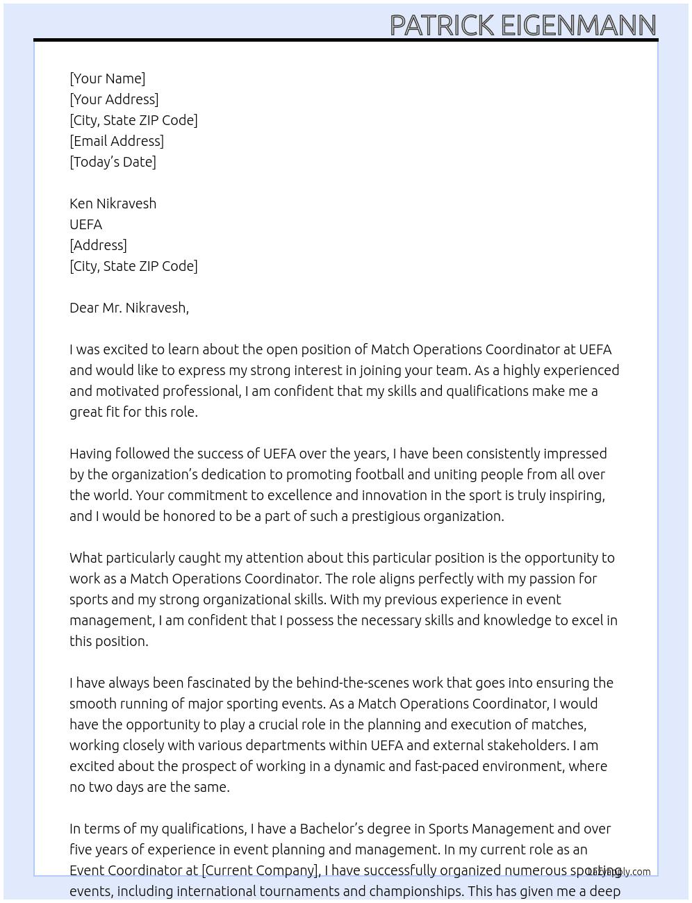 Match Operations Coordinator At UEFA Cover Letter