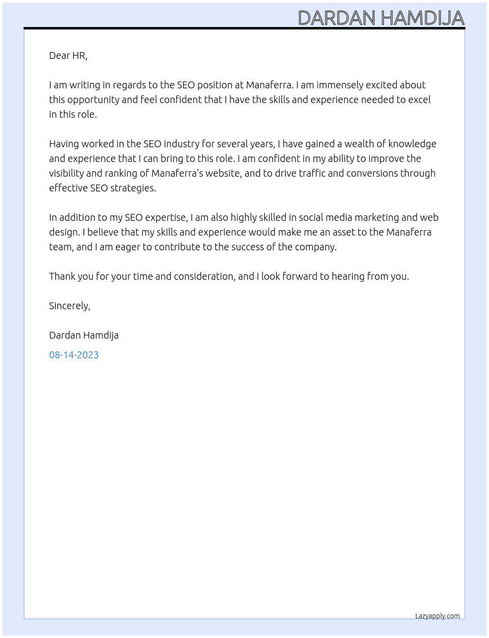 SEO At Manaferra Cover Letter