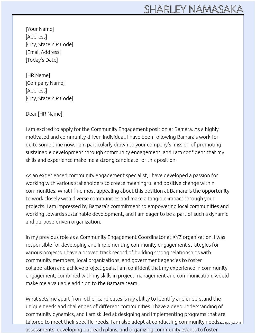 Community Engangement At Bamara Cover Letter