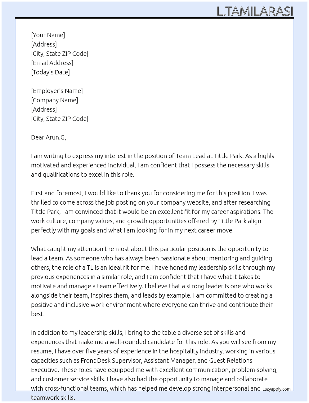 TL At Tittle park Cover Letter