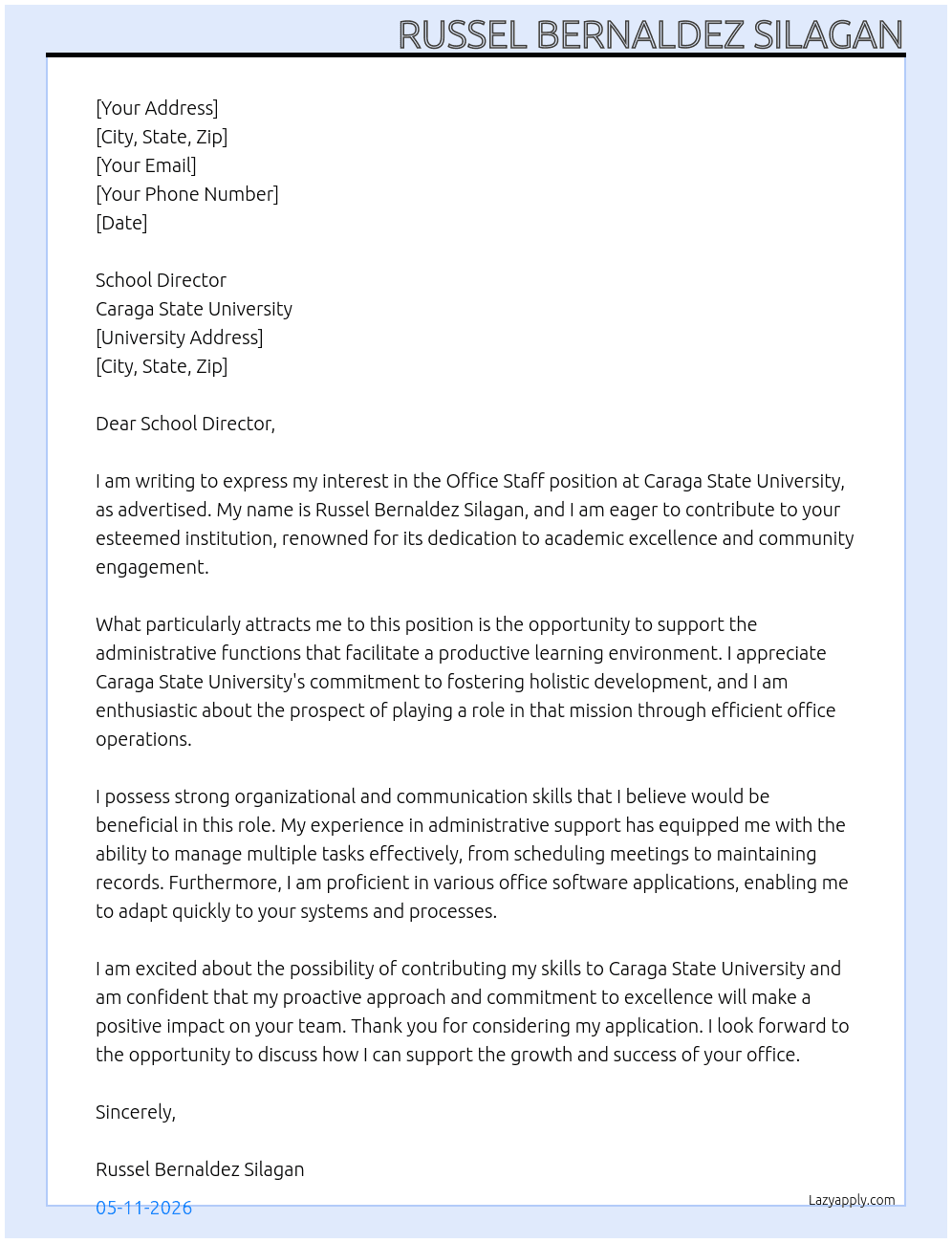 Cover letter for office staff - LazyApply
