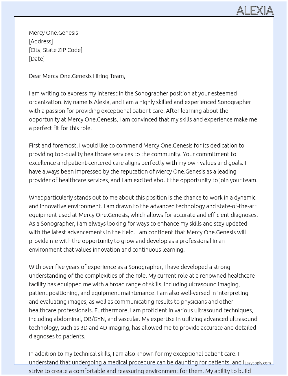 Sonographer At Mercy One.Genesis Cover Letter