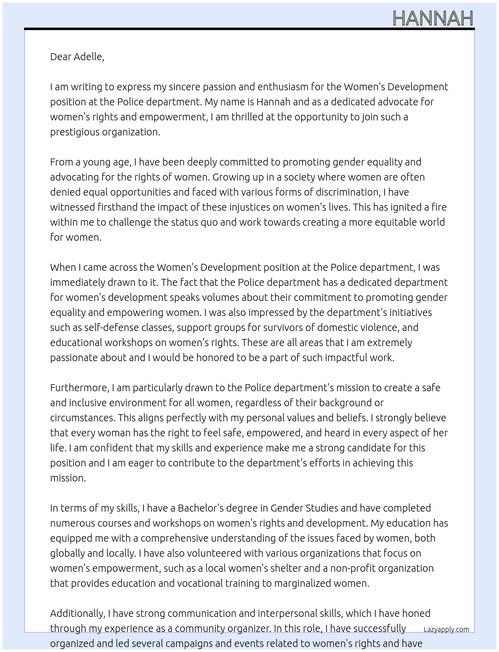 Women’s development At Police Cover Letter