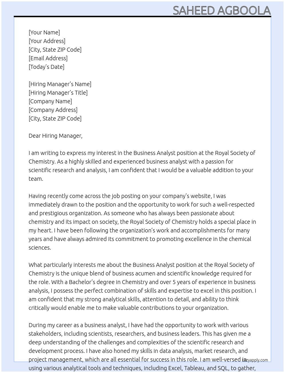 business analyst  At royal society of chemistry Cover Letter