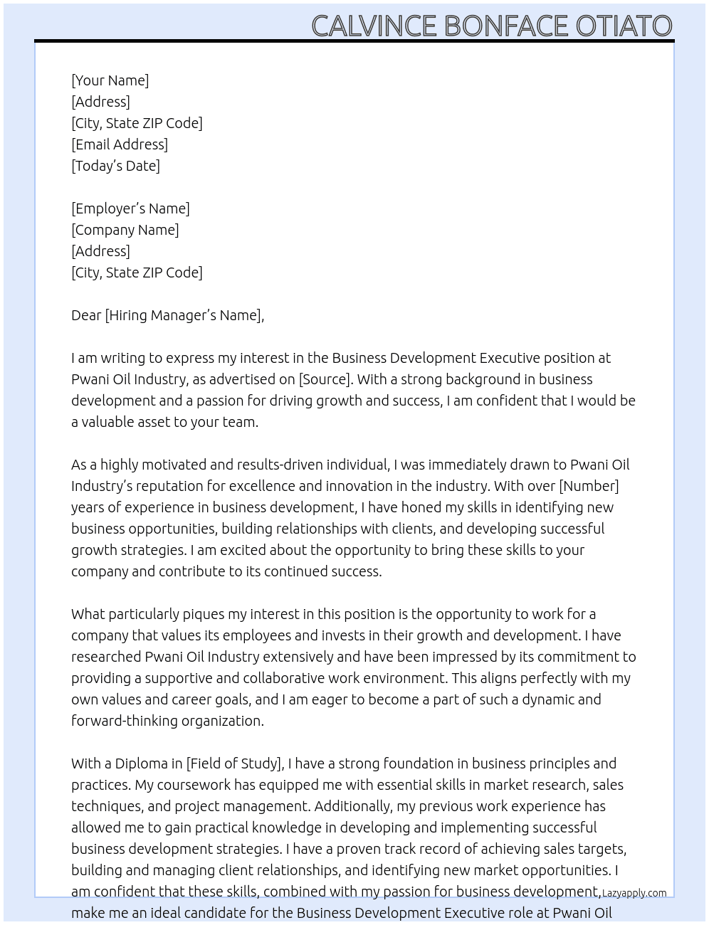 Business development executive  At Pwani oil industry  Cover Letter